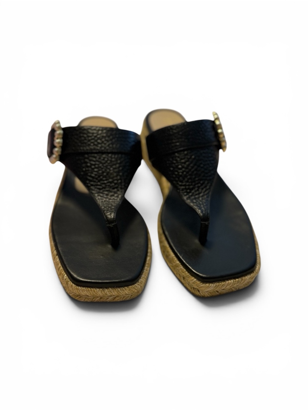 Stuart Weitzman Black Thong Sandals with Gold Trim and Buckle Detail